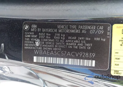 2010 BMW 650I from USA, damaged, VIN WBAEA5C57ACV92839